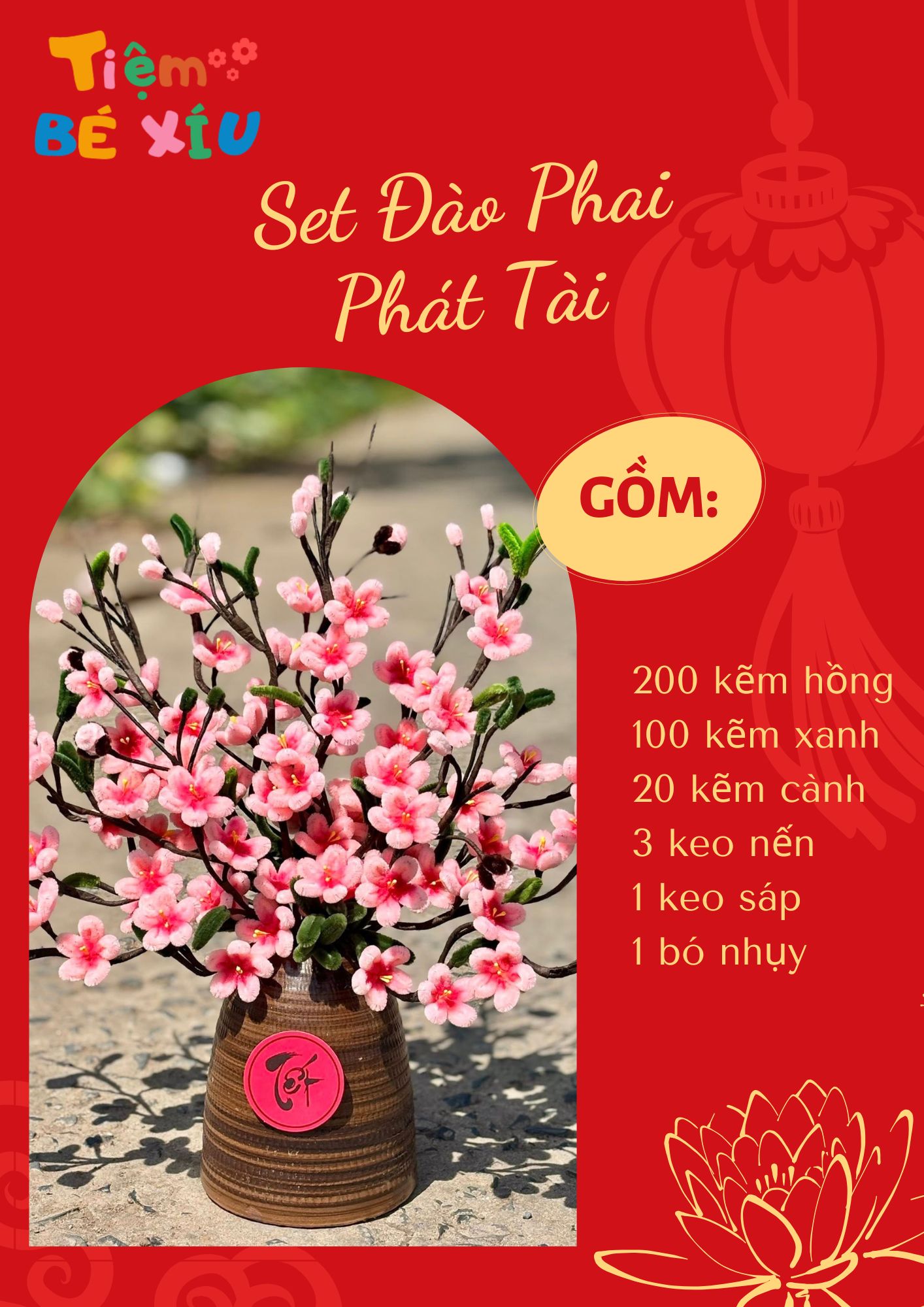 set diy hoa Đào hồng kẽm nhung set diy hoa Đào hồng kẽm nhung